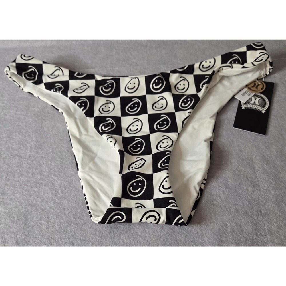 HURLEY Women's XL Bikini Bottoms Black White Smiley Checkerboard Cheeky NWT
